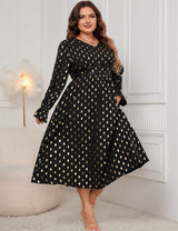 Women Plus Size Gold Dot Print Lantern Sleeve Dress - PRUSES