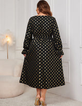 Women Plus Size Gold Dot Print Lantern Sleeve Dress - PRUSES