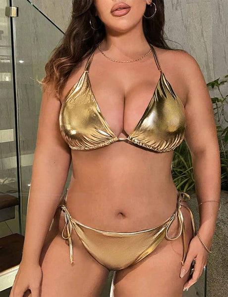 Women Plus Size Metallic Triangle Tie-Side Bikini Set