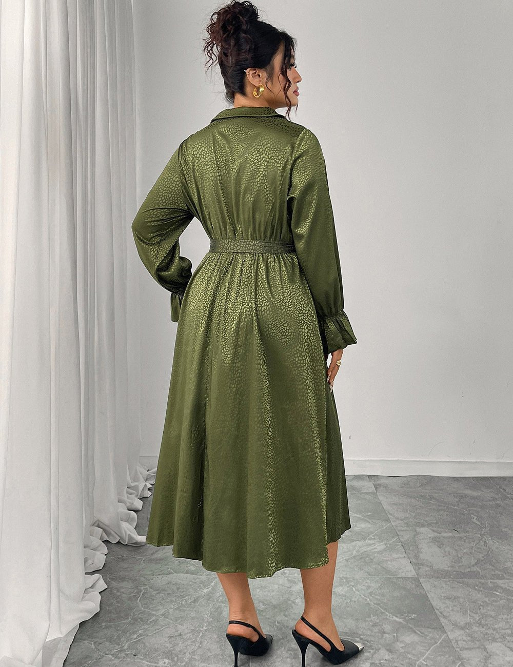 Women Plus Size Green Elegant Tie - Waist Midi Dress - PRUSES