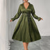 Women Plus Size Green Elegant Tie - Waist Midi Dress - PRUSES