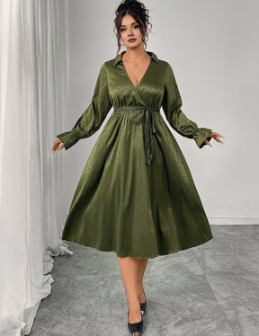 Women Plus Size Green Elegant Tie - Waist Midi Dress - PRUSES