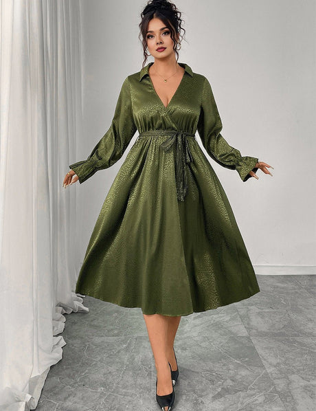 Women Plus Size Green Elegant Tie - Waist Midi Dress - PRUSES