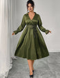 Women Plus Size Green Elegant Tie - Waist Midi Dress - PRUSES