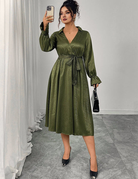 Women Plus Size Green Elegant Tie - Waist Midi Dress - PRUSES