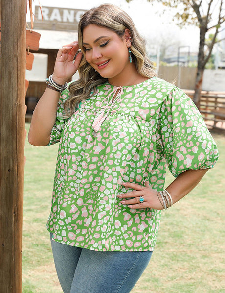 Women Plus Size Green Leopard Tassel Tie Short Sleeve | PRUSES - PRUSES