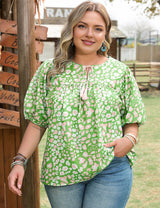 Women Plus Size Green Leopard Tassel Tie Short Sleeve | PRUSES - PRUSES