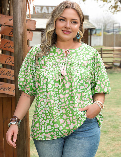 Women Plus Size Green Leopard Tassel Tie Short Sleeve | PRUSES - PRUSES
