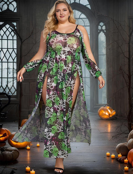 Women Plus Size Green Skull Print Mesh Halloween Lingerie - PRUSES