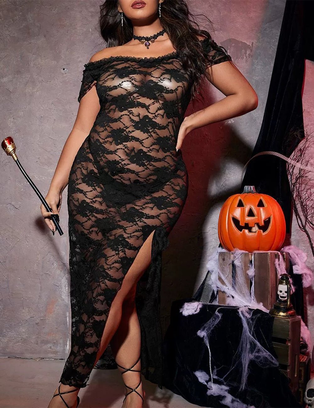 Women Plus Size Halloween Black Lace Sheer Lingerie Dress - PRUSES