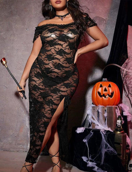 Women Plus Size Halloween Black Lace Sheer Lingerie Dress - PRUSES