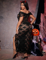 Women Plus Size Halloween Black Lace Sheer Lingerie Dress - PRUSES