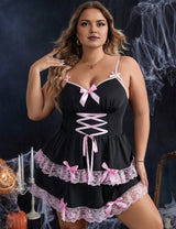 Women Plus Size Halloween Contrast Lace Maid Costume Babydoll - PRUSES