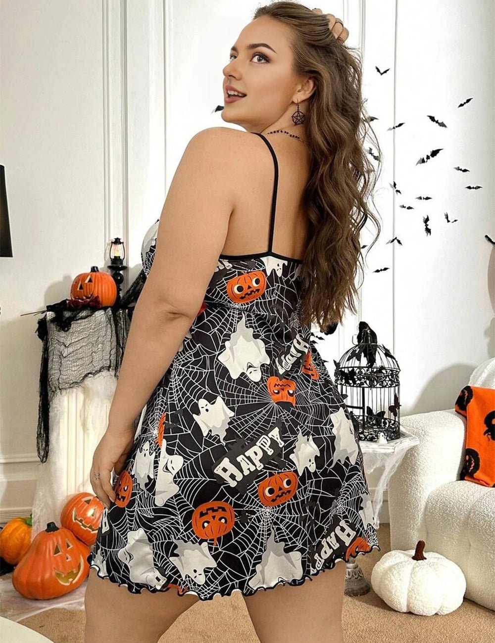 Women Plus Size Halloween Pumpkin Camisole Nightgown - PRUSES