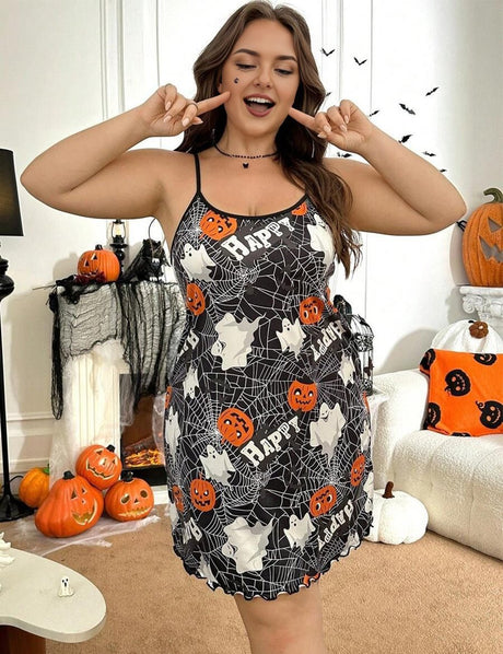 Women Plus Size Halloween Pumpkin Camisole Nightgown - PRUSES