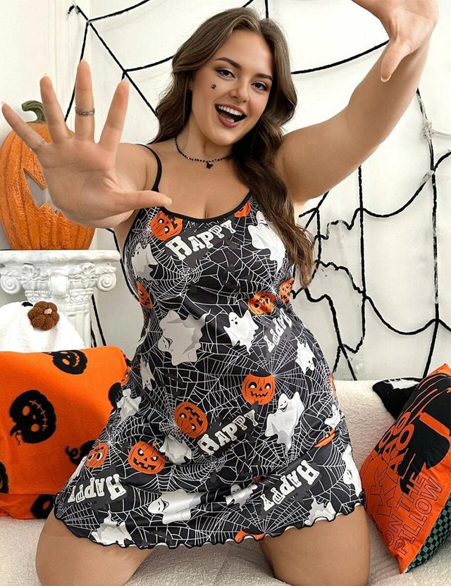 Women Plus Size Halloween Pumpkin Camisole Nightgown - PRUSES