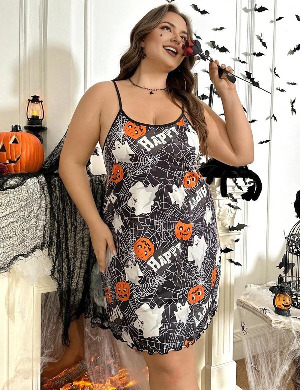 Women Plus Size Halloween Pumpkin Camisole Nightgown - PRUSES
