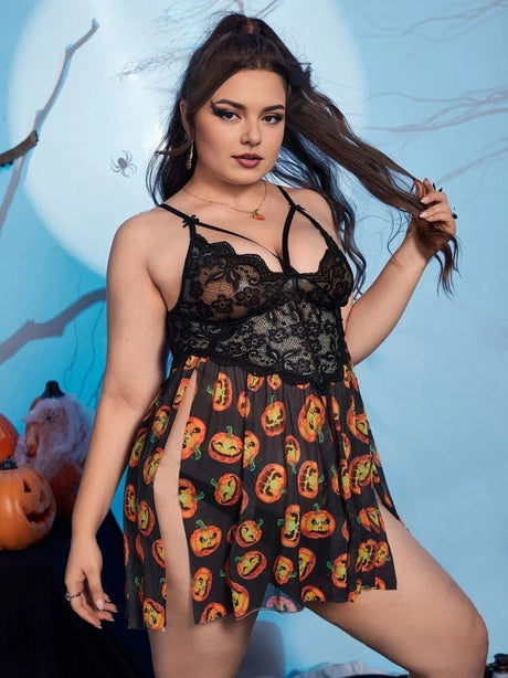 Women Plus Size Halloween Pumpkin Print Chemise with Side Slit - PRUSES
