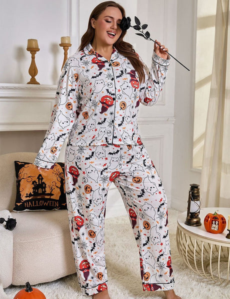 Women Plus Size Halloween Pumpkin Pumpkin Print Pajamas - PRUSES