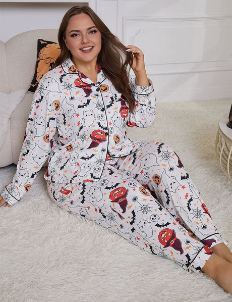 Women Plus Size Halloween Pumpkin Pumpkin Print Pajamas - PRUSES