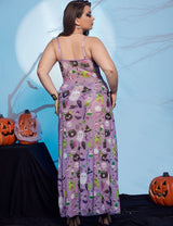 Women Plus Size Halloween Purple Print Mesh Split Lingerie Dress - PRUSES