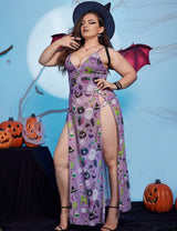 Women Plus Size Halloween Purple Print Mesh Split Lingerie Dress - PRUSES