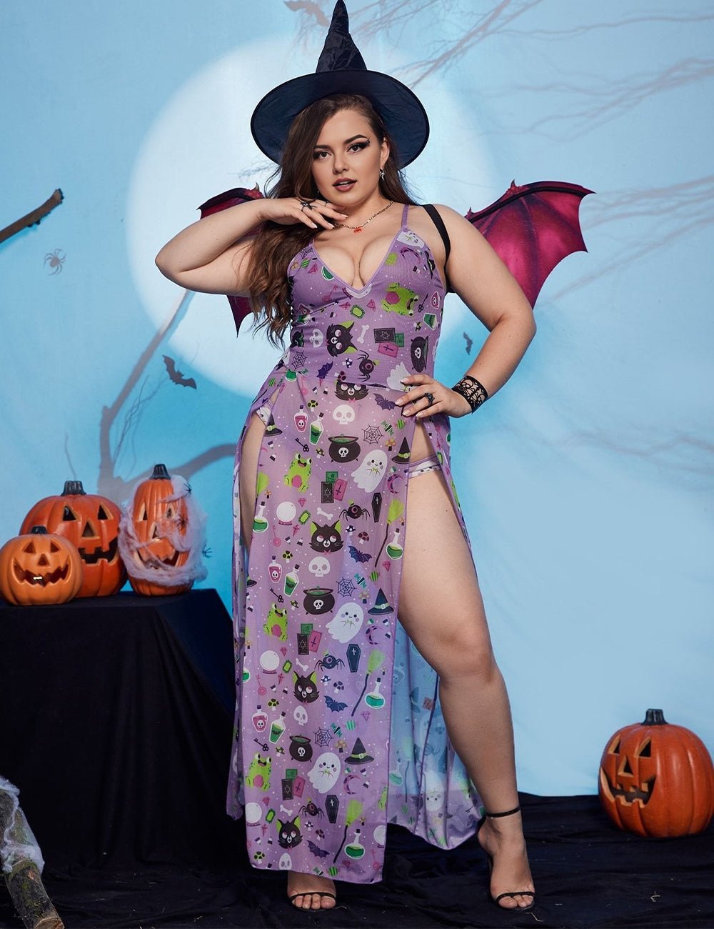 Women Plus Size Halloween Purple Print Mesh Split Lingerie Dress - PRUSES