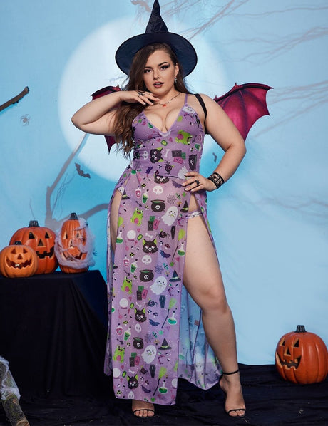 Women Plus Size Halloween Purple Print Mesh Split Lingerie Dress - PRUSES