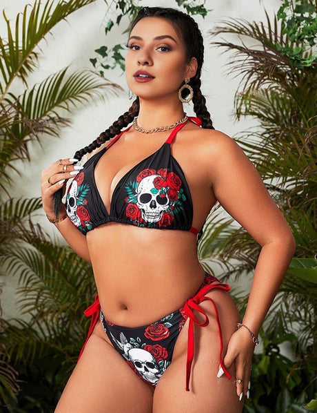 Women Plus Size Halloween Skull Print Triangle Bikini - PRUSES