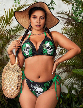 Women Plus Size Halloween Skull Print Triangle Bikini - PRUSES