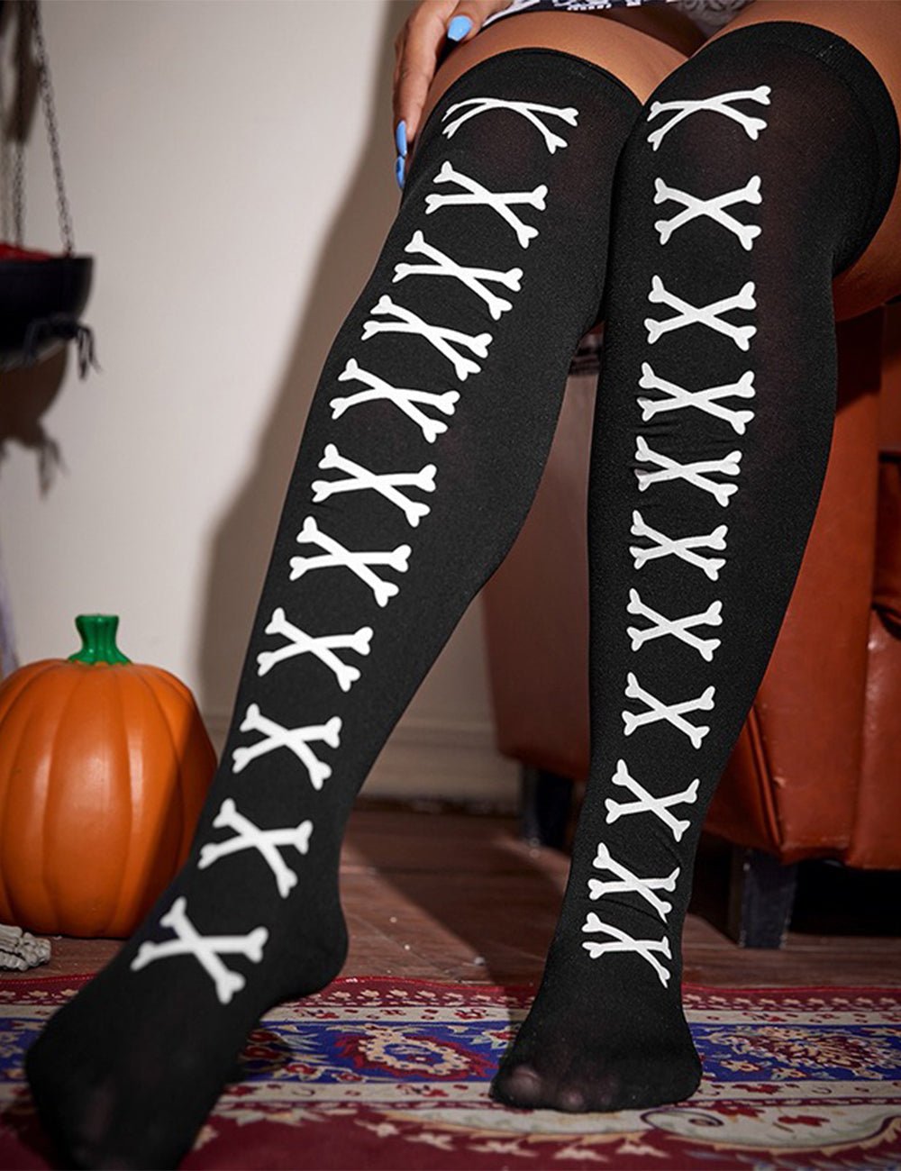 Women Plus Size Halloween Thigh High Socks with White Skull Pattern - PRUSES