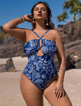 Women Plus Size Halter Hollow Binding Plant Print One - Piece Swimsuit - PRUSES