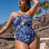 Women Plus Size Halter Hollow Binding Plant Print One - Piece Swimsuit - PRUSES