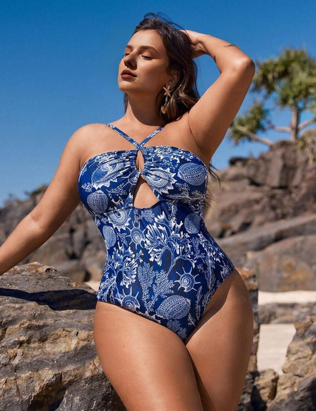Women Plus Size Halter Hollow Binding Plant Print One - Piece Swimsuit - PRUSES