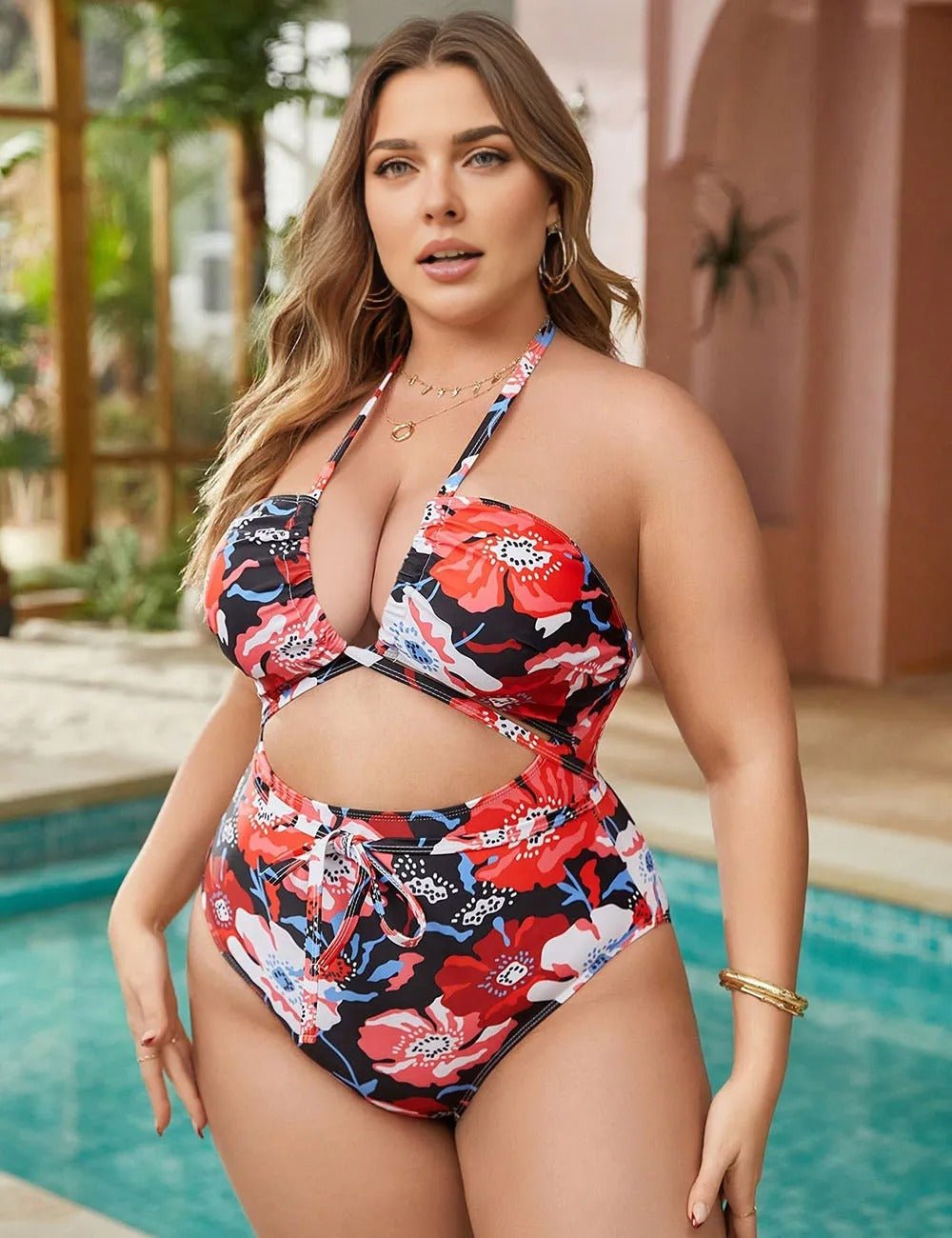 Women Plus Size Halter Neck Floral Print One - Piece Swimsuit - PRUSES