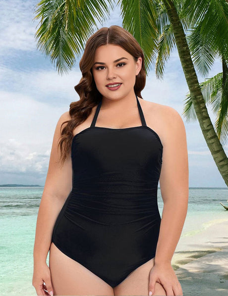 Women Plus Size Halter Neck Solid Color One Piece Swimsuit - PRUSES
