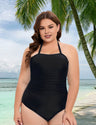 Women Plus Size Halter Neck Solid Color One Piece Swimsuit - PRUSES