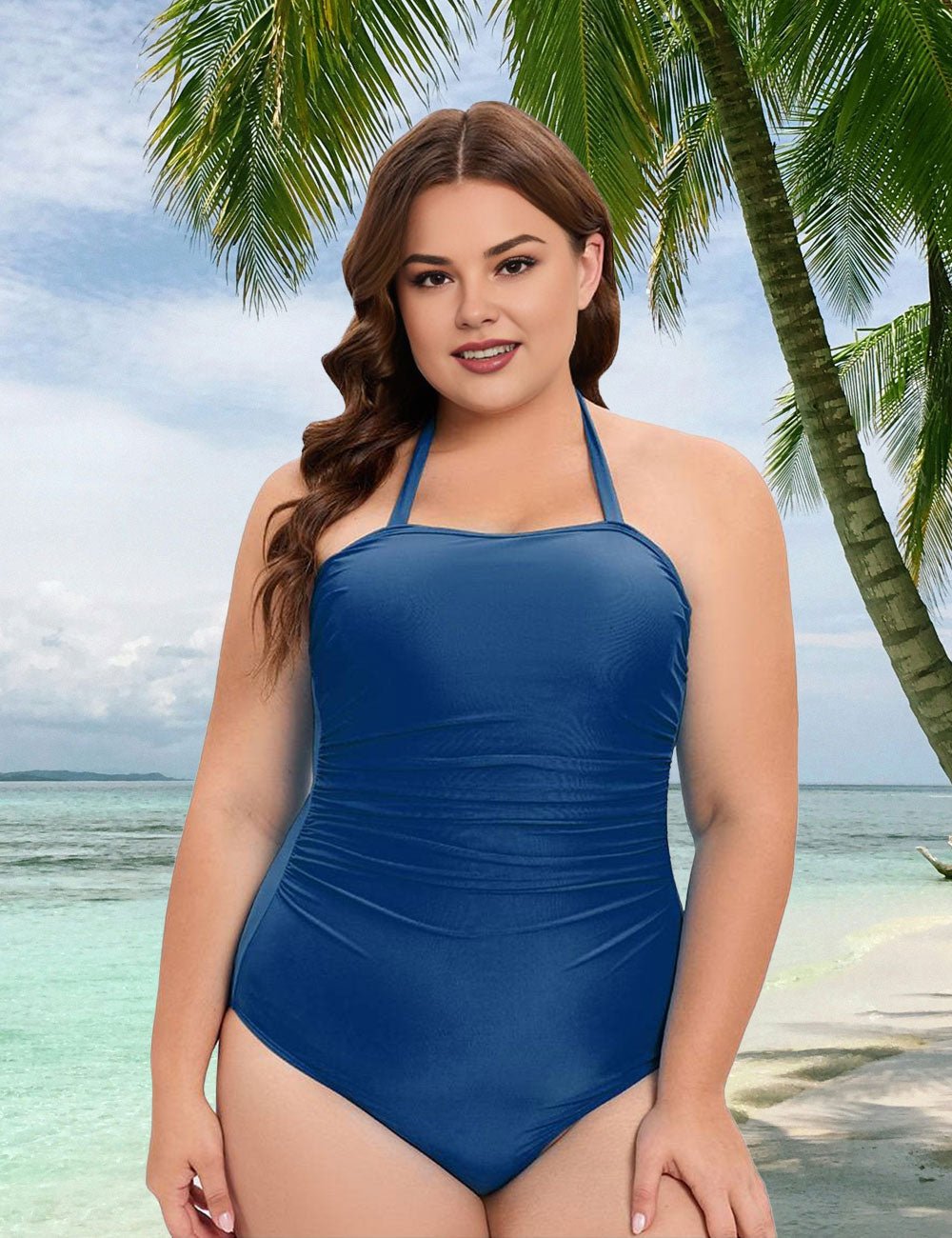 Women Plus Size Halter Neck Solid Color One Piece Swimsuit - PRUSES