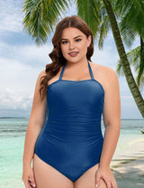 Women Plus Size Halter Neck Solid Color One Piece Swimsuit - PRUSES