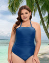 Women Plus Size Halter Neck Solid Color One Piece Swimsuit - PRUSES