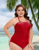 Women Plus Size Halter Neck Solid Color One Piece Swimsuit - PRUSES