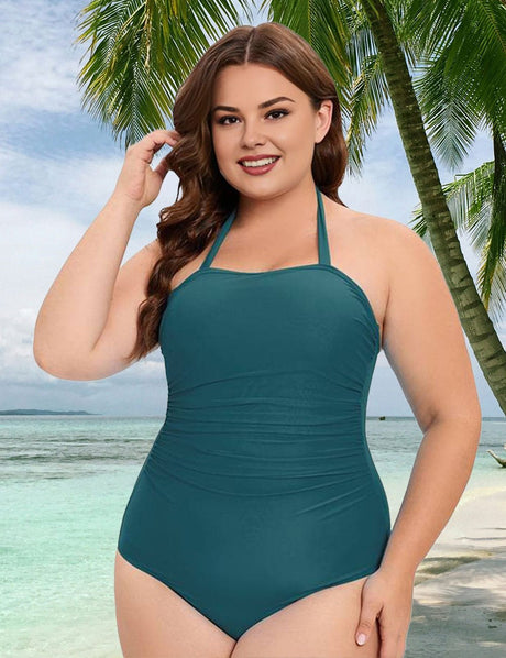Women Plus Size Halter Neck Solid Color One Piece Swimsuit - PRUSES