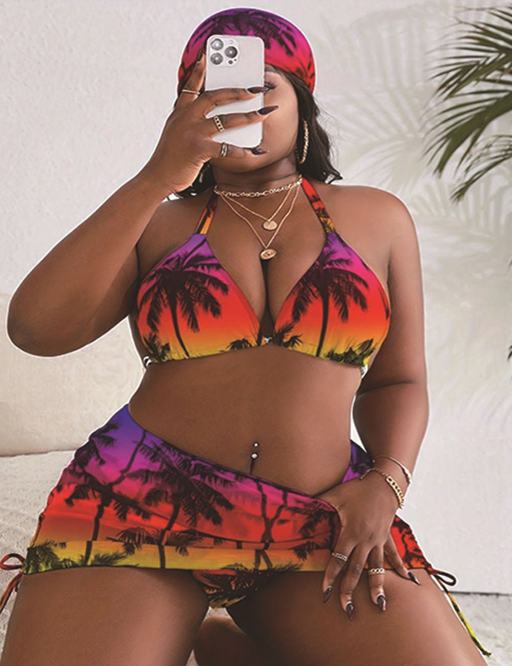 Women Plus Size Halter Neck Tie Back Floral Print Bikini 3 Piece - PRUSES