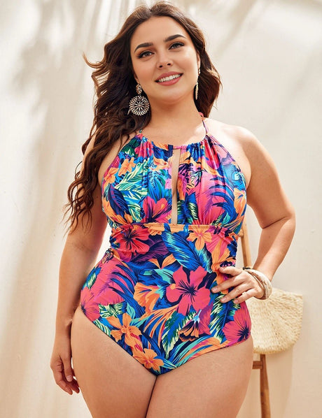Women Plus Size Halter Neck Tropical Print Swimsuit | PRUSES - PRUSES