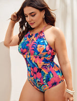 Women Plus Size Halter Neck Tropical Print Swimsuit | PRUSES - PRUSES