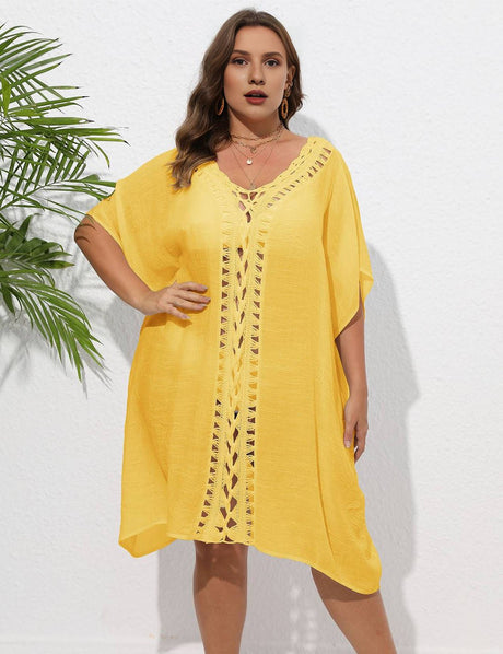 Women Plus Size Hand Crochet Patchwork Loose Bikini Cover - up - PRUSES
