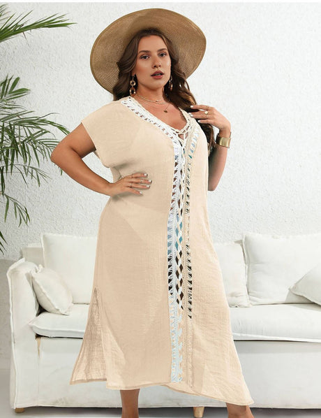 Women Plus Size Hand Crocheted Contrast Color Bikini Cover Up - PRUSES