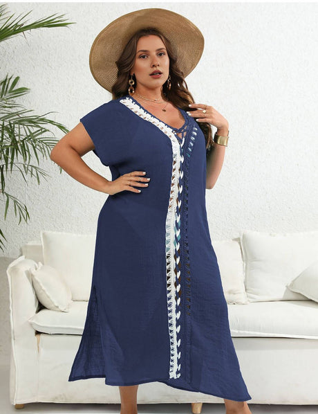 Women Plus Size Hand Crocheted Contrast Color Bikini Cover Up - PRUSES