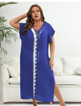 Women Plus Size Hand Crocheted Contrast Color Bikini Cover Up - PRUSES