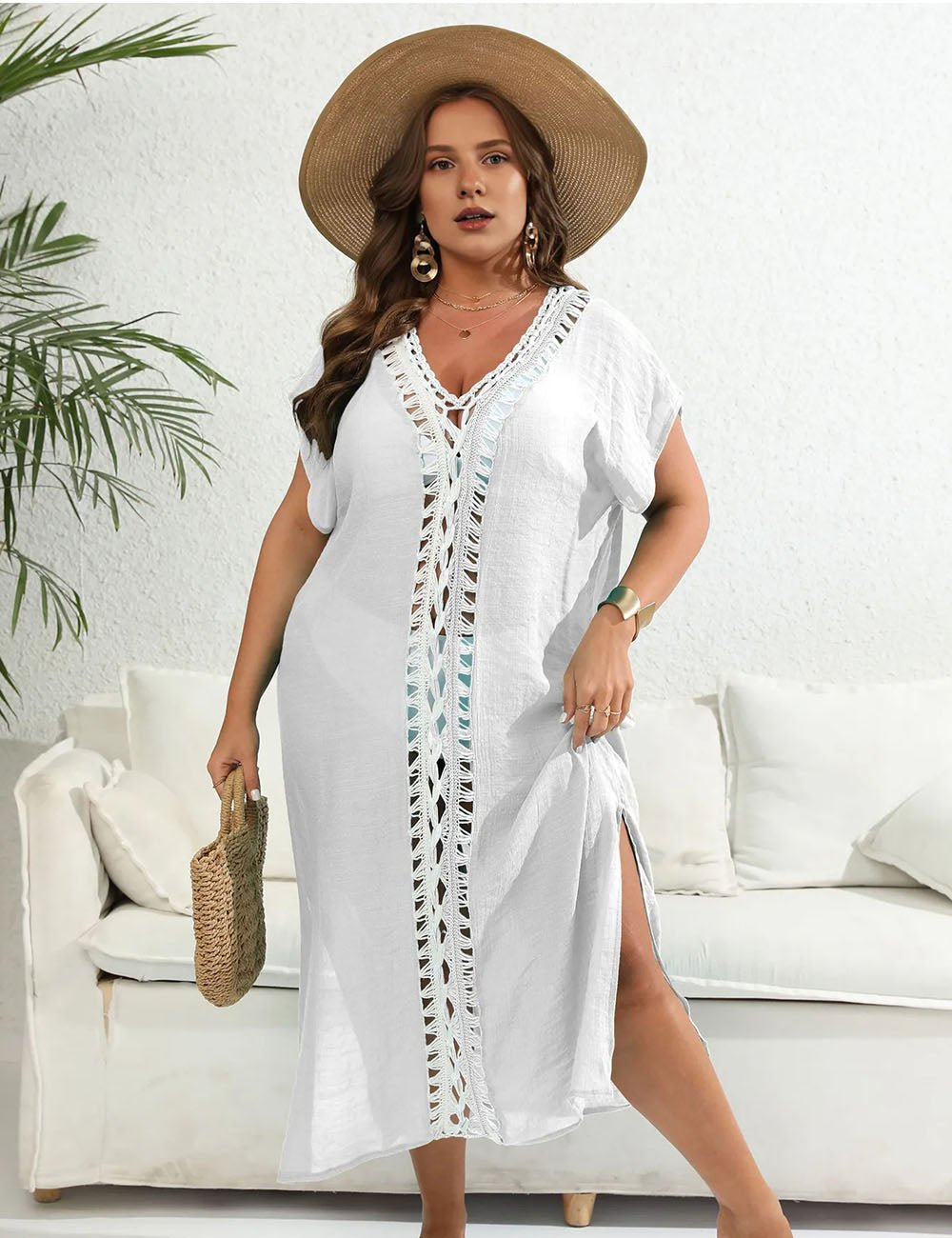 Women Plus Size Hand Crocheted Contrast Color Bikini Cover Up - PRUSES